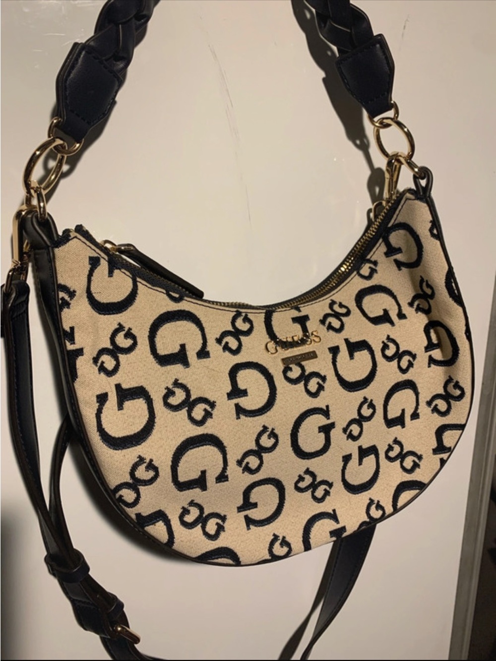 Guess Beige and Black Logo Jacquard Crescent Shoulder Bag